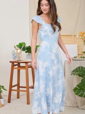 Floral Square Neck Bell Sleeve Midi Dress